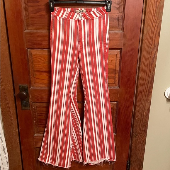 Free People Red and White Striped Extreme Flare Pants - Picture 1 of 9